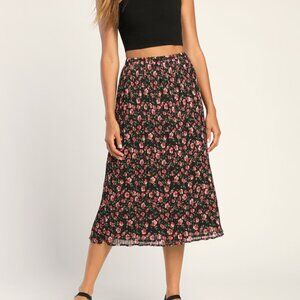 Lulus Please Me Black Floral Print Pleated Midi Skirt - Size S